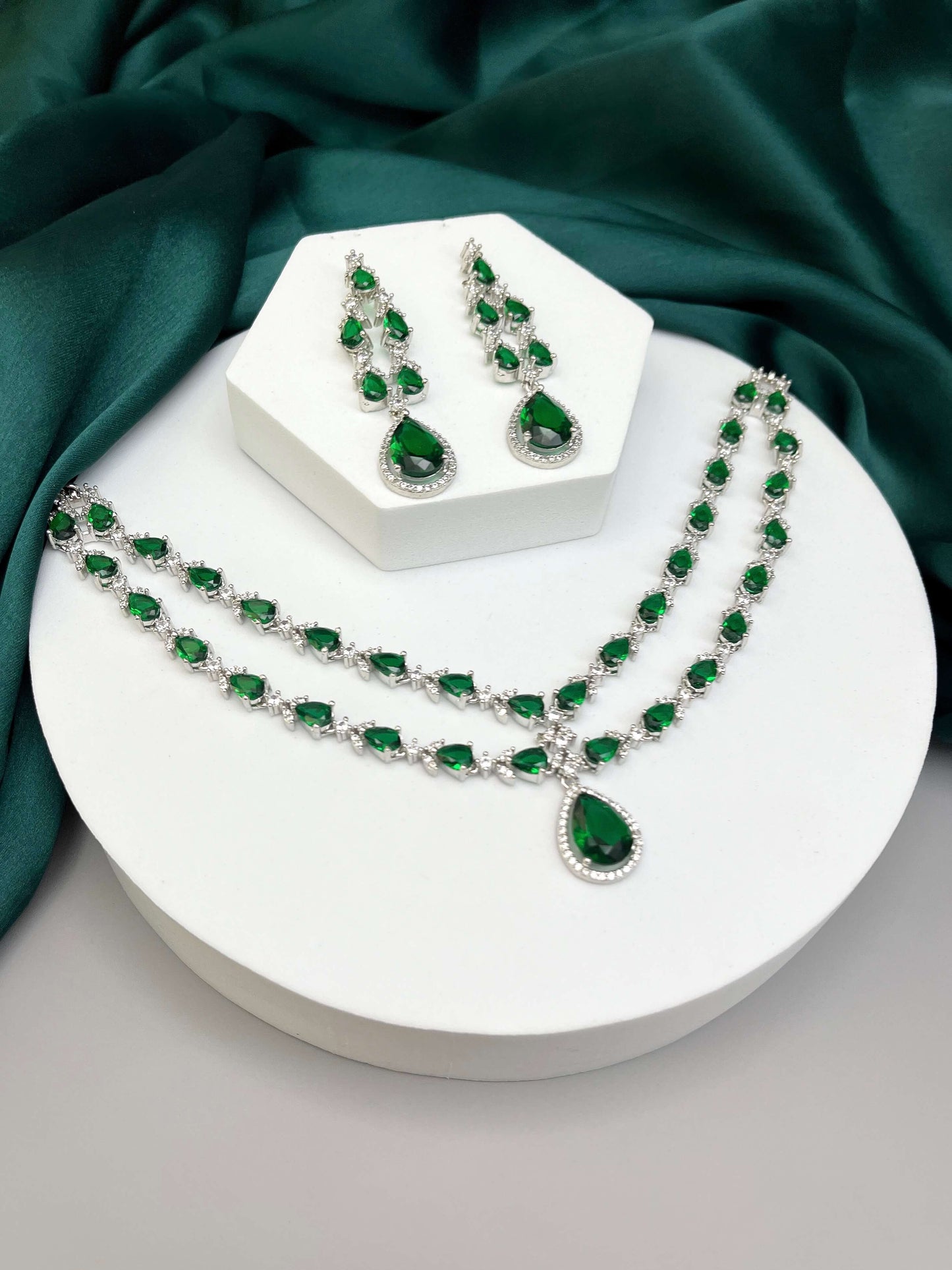 Elena Emerald Green Double Layered Necklace Set