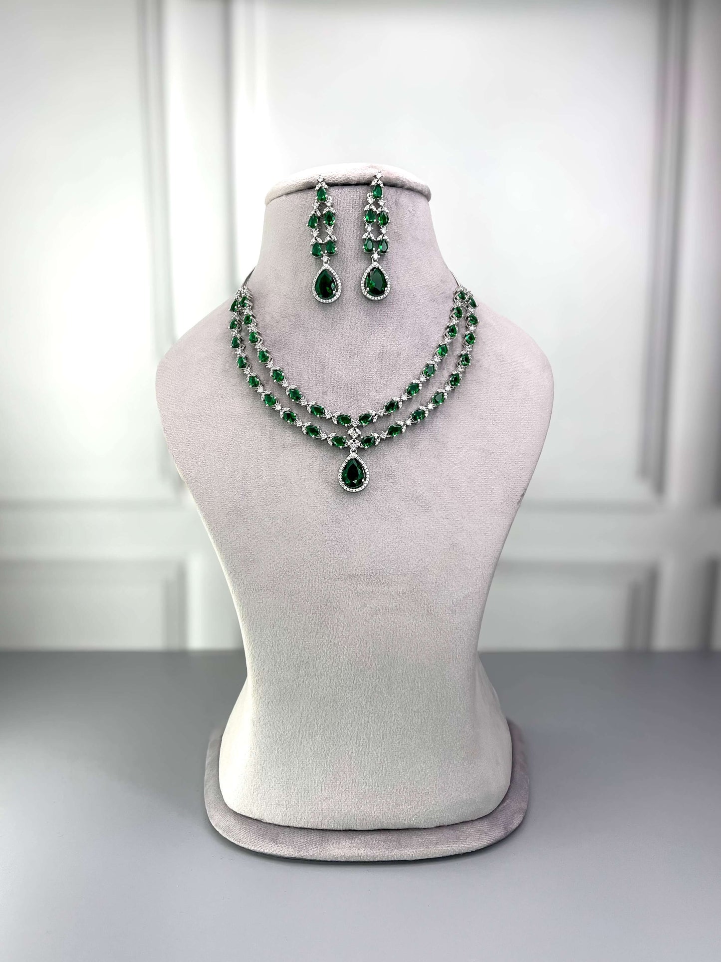Elena Emerald Green Double Layered Necklace Set