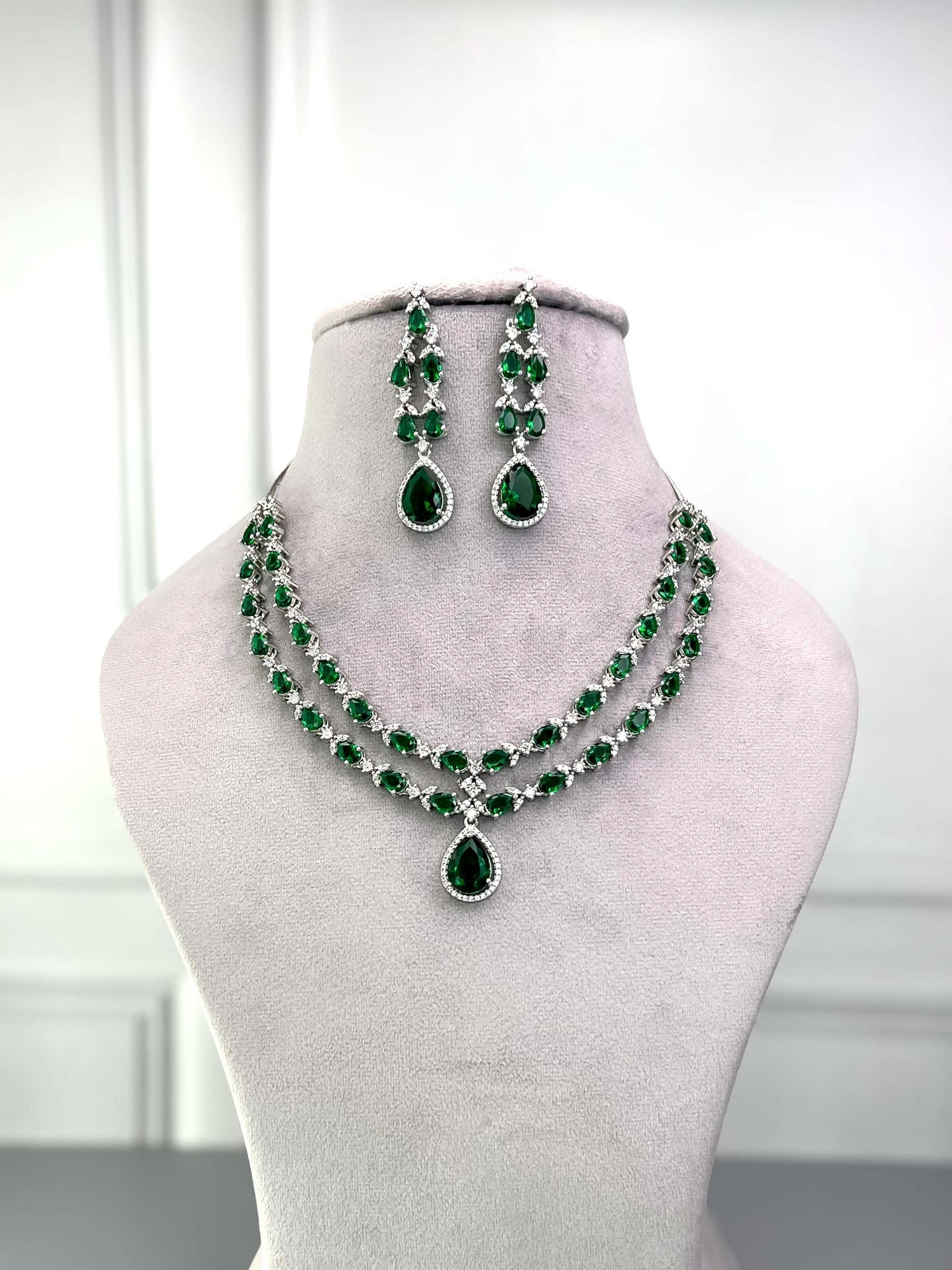 Elena Emerald Green Double Layered Necklace Set