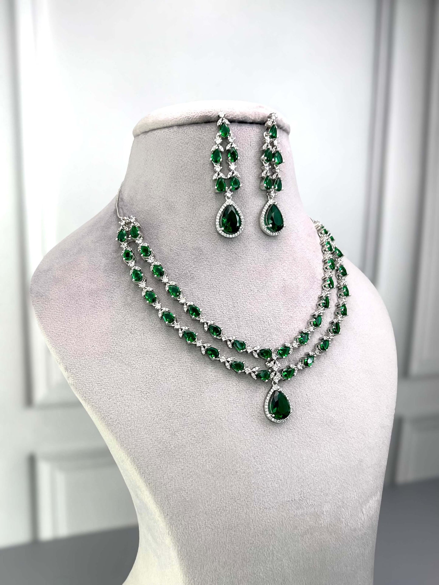 Elena Emerald Green Double Layered Necklace Set