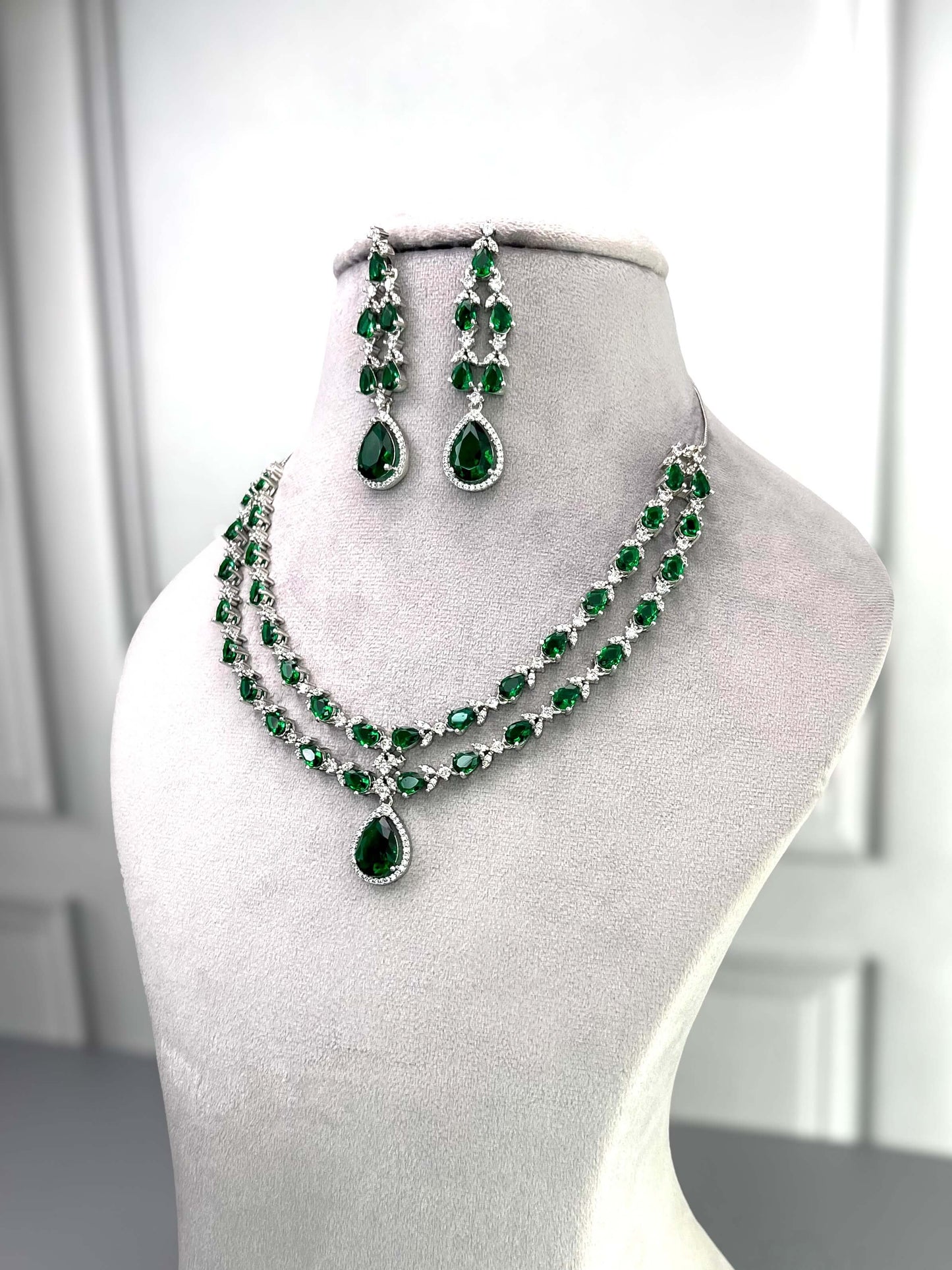 Elena Emerald Green Double Layered Necklace Set