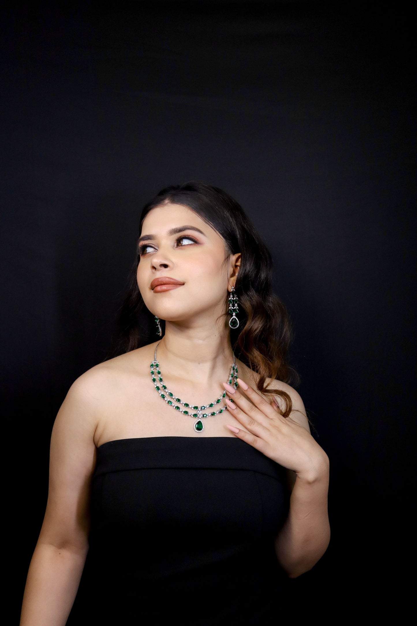 Elena Emerald Green Double Layered Necklace Set