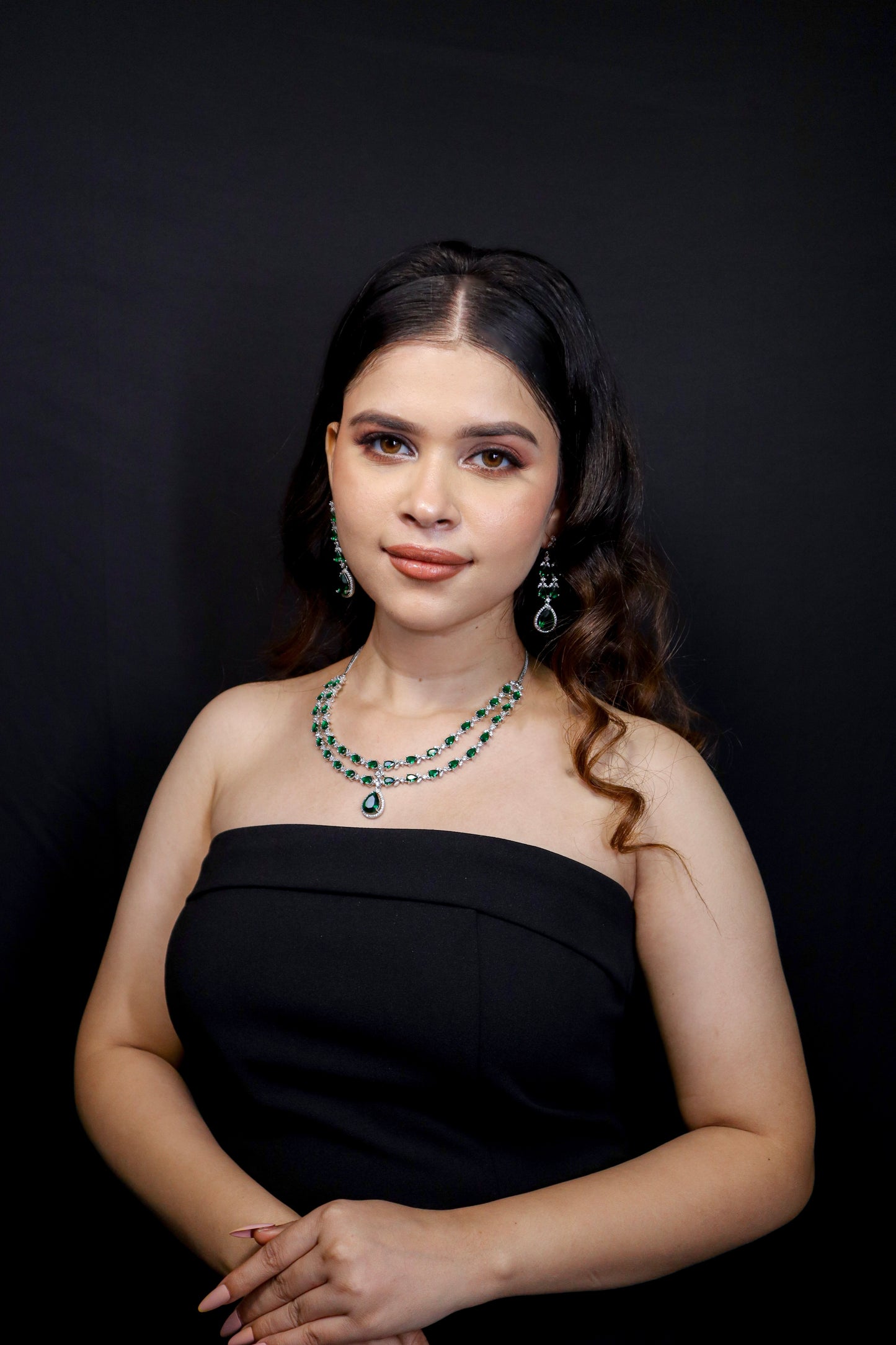 Elena Emerald Green Double Layered Necklace Set