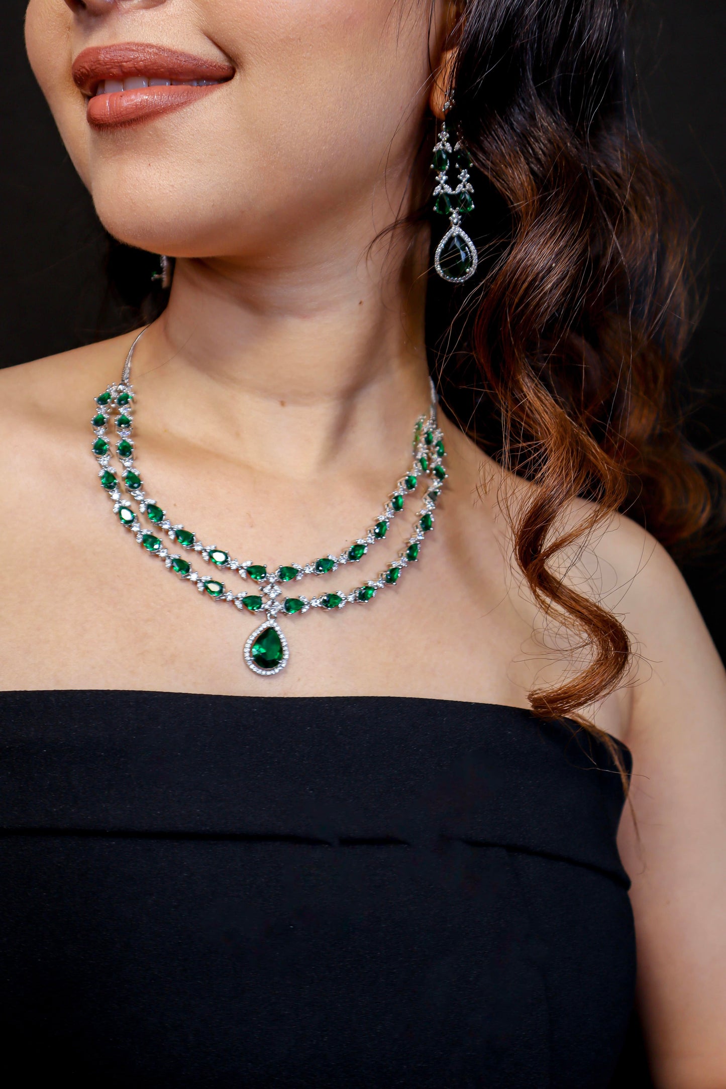 Elena Emerald Green Double Layered Necklace Set