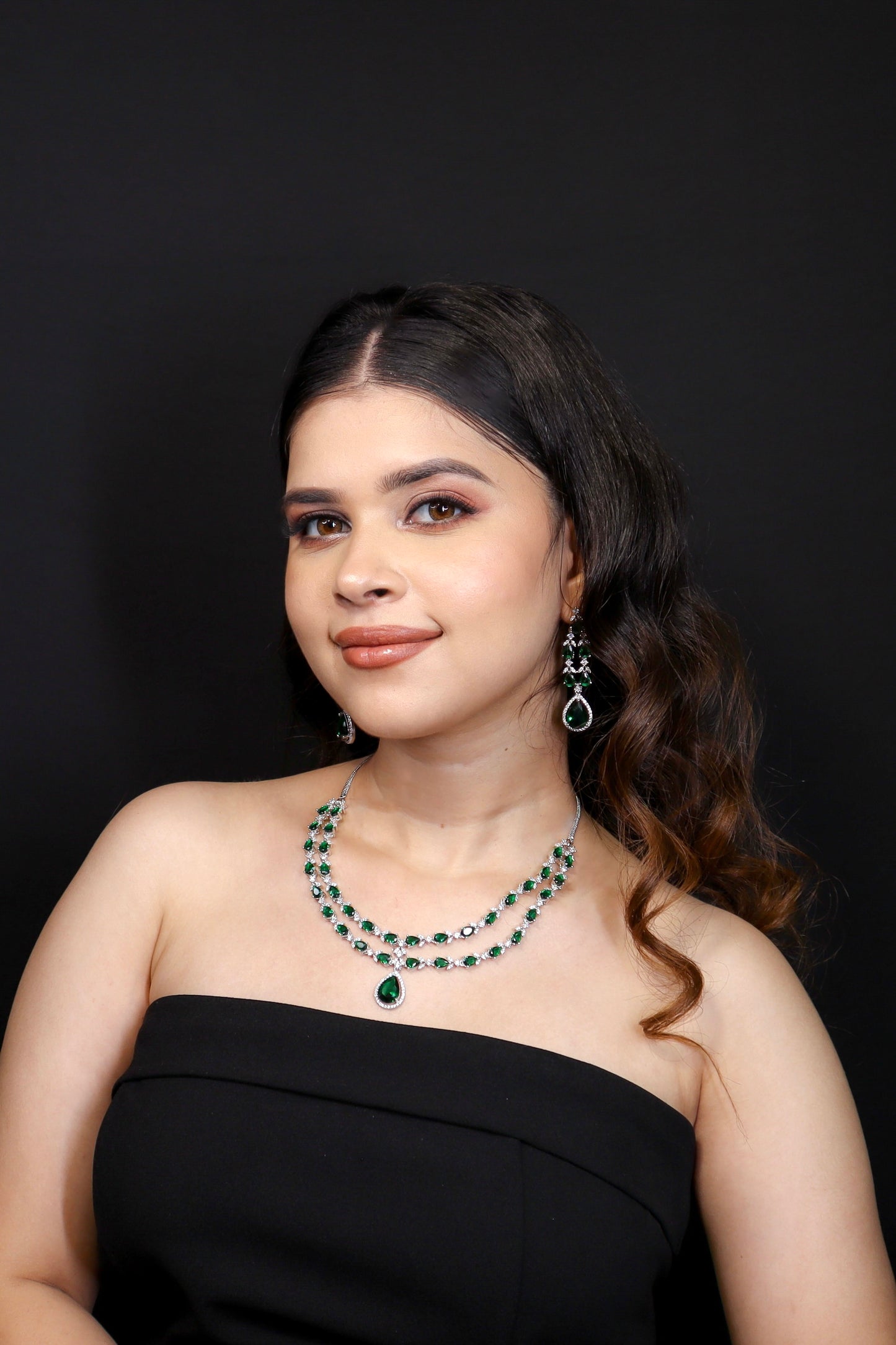 Elena Emerald Green Double Layered Necklace Set