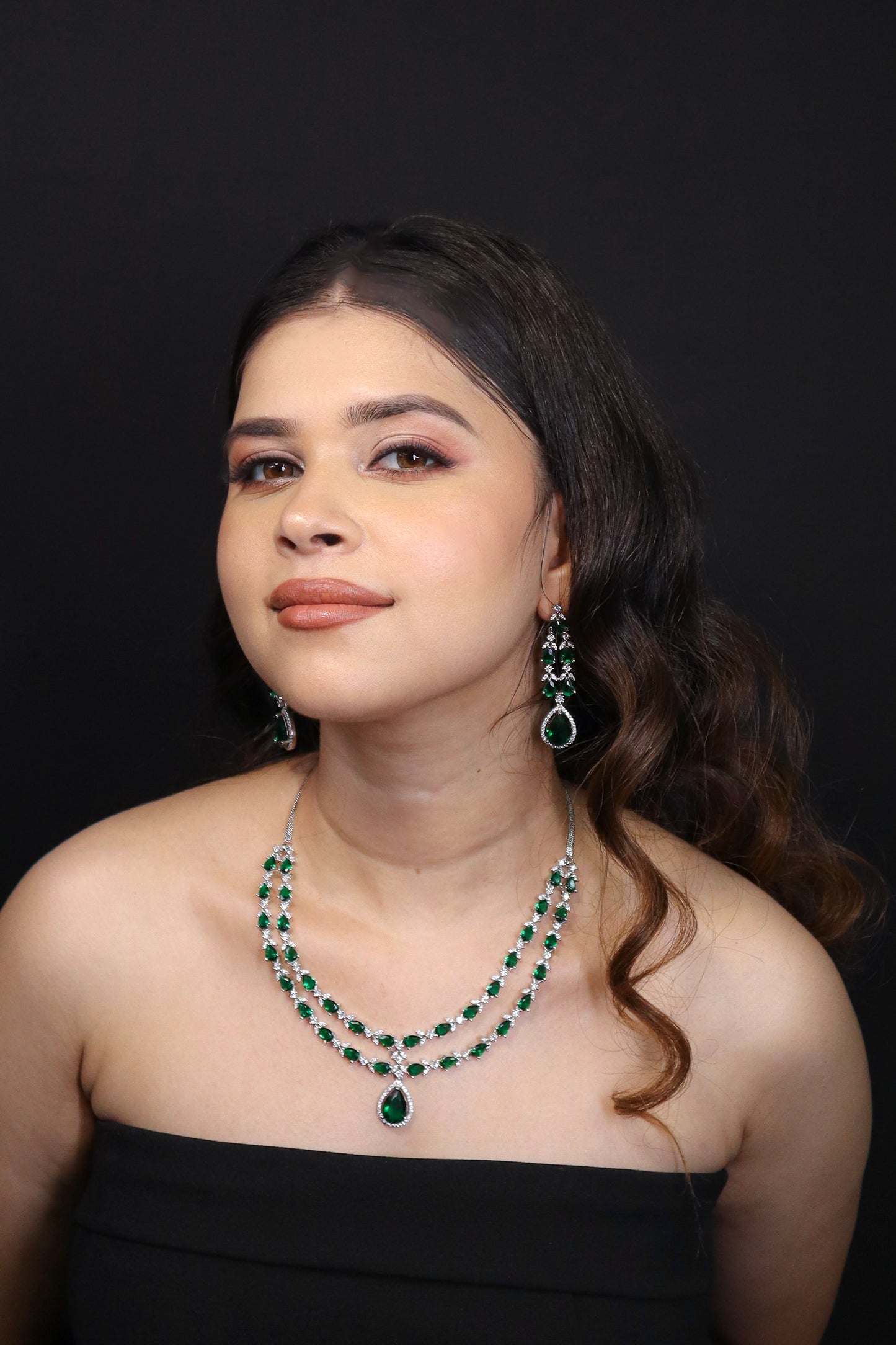 Elena Emerald Green Double Layered Necklace Set
