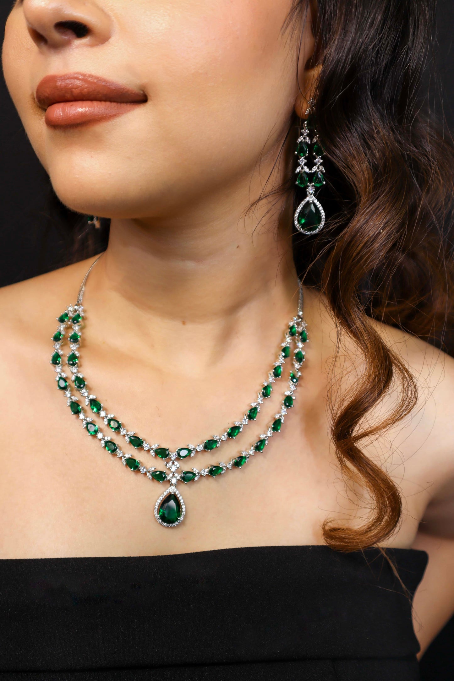 Elena Emerald Green Double Layered Necklace Set