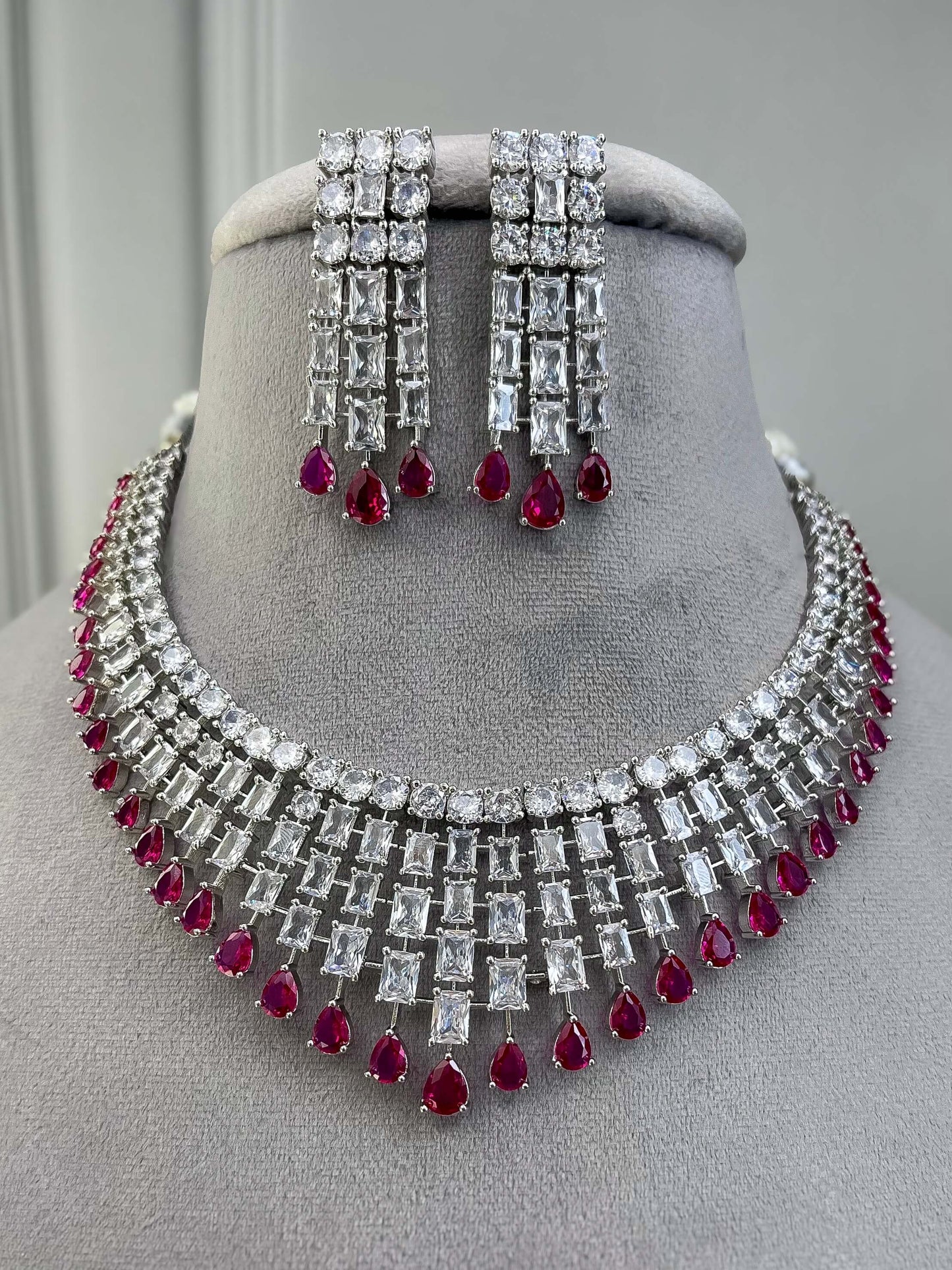 Grace Magenta Pink AD Necklace Set