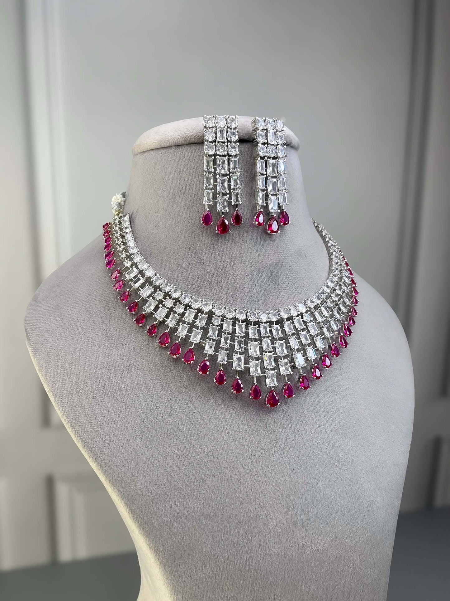 Grace Magenta Pink AD Necklace Set