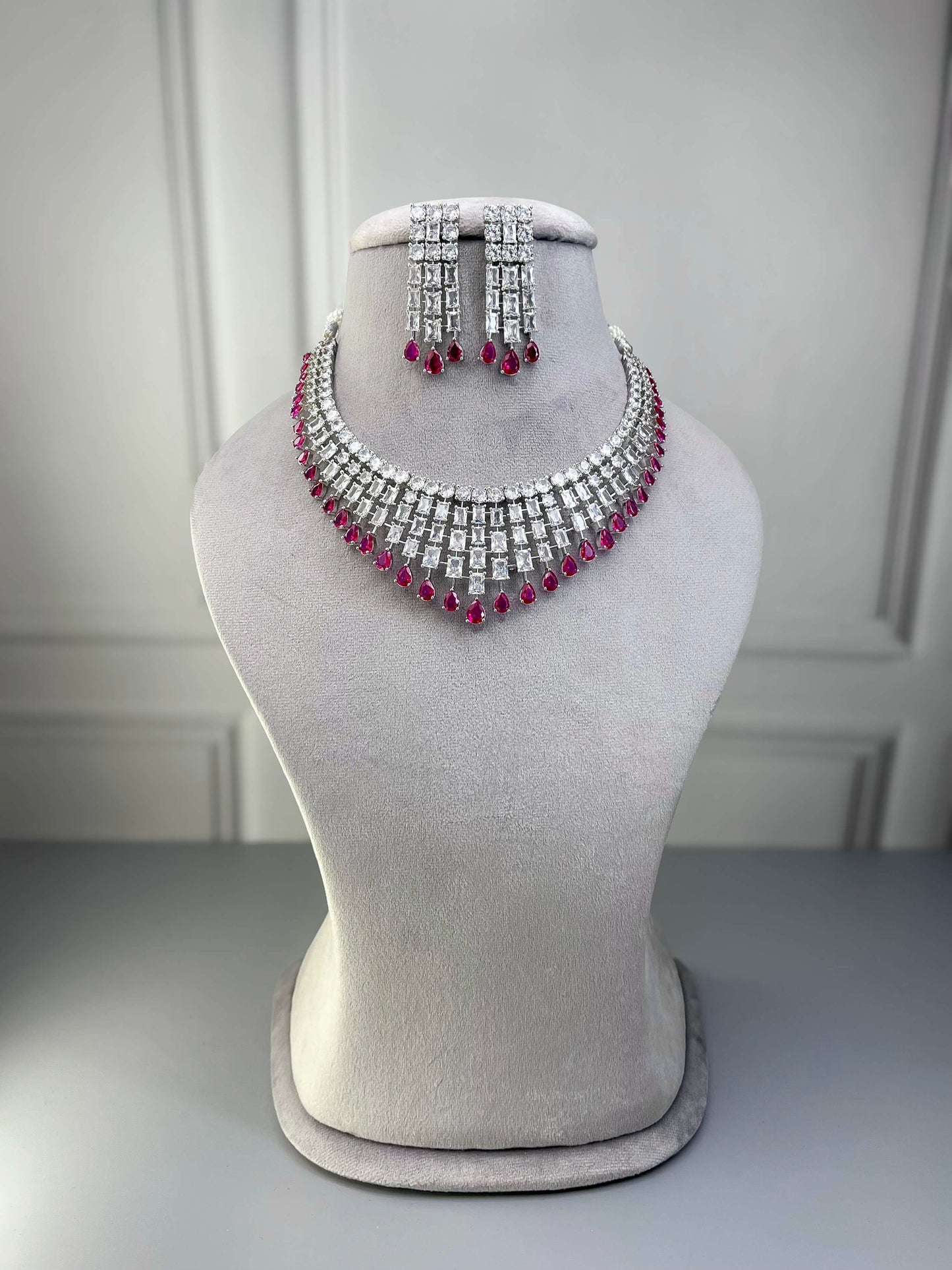 Grace Magenta Pink AD Necklace Set