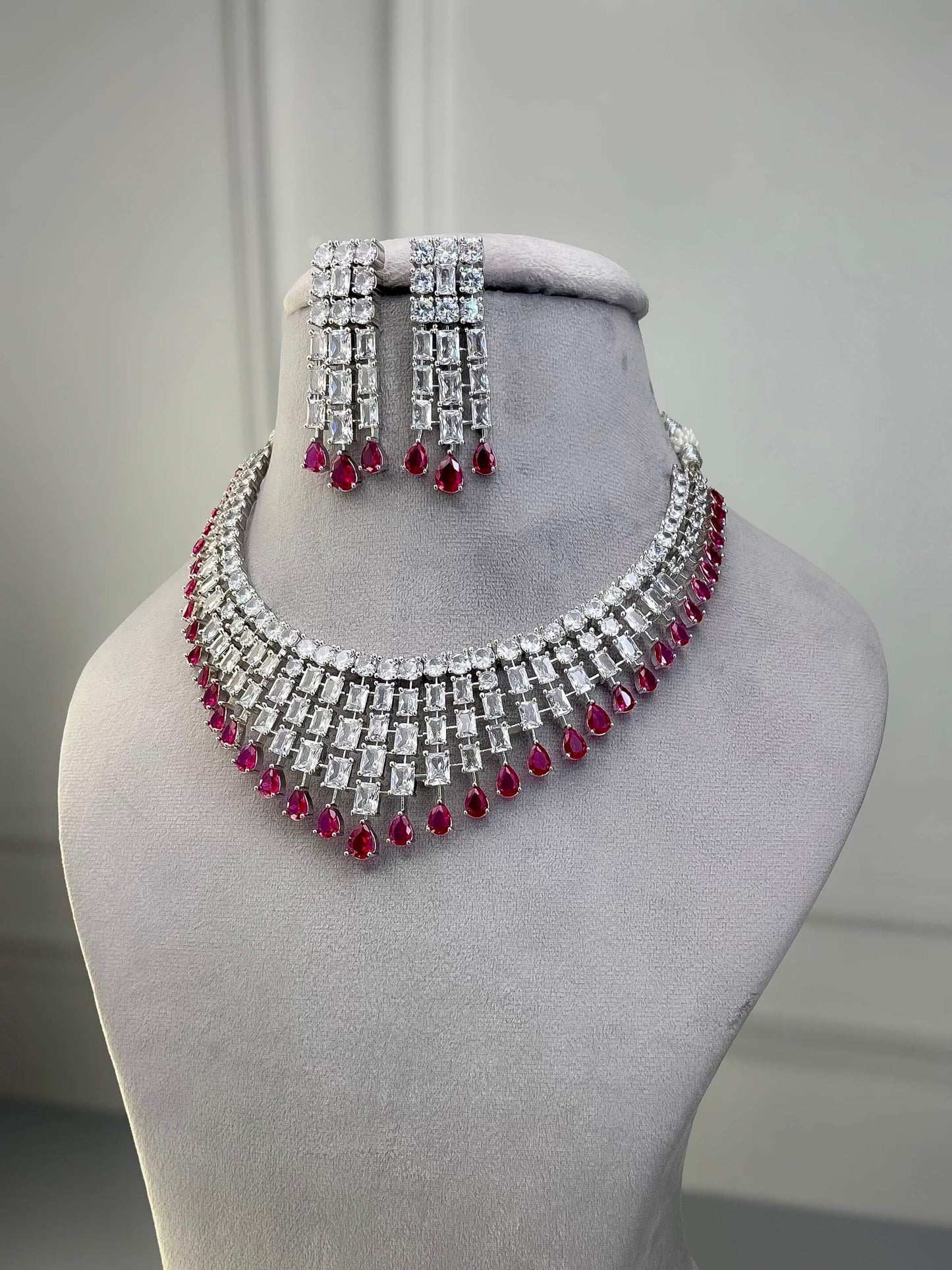 Grace Magenta Pink AD Necklace Set