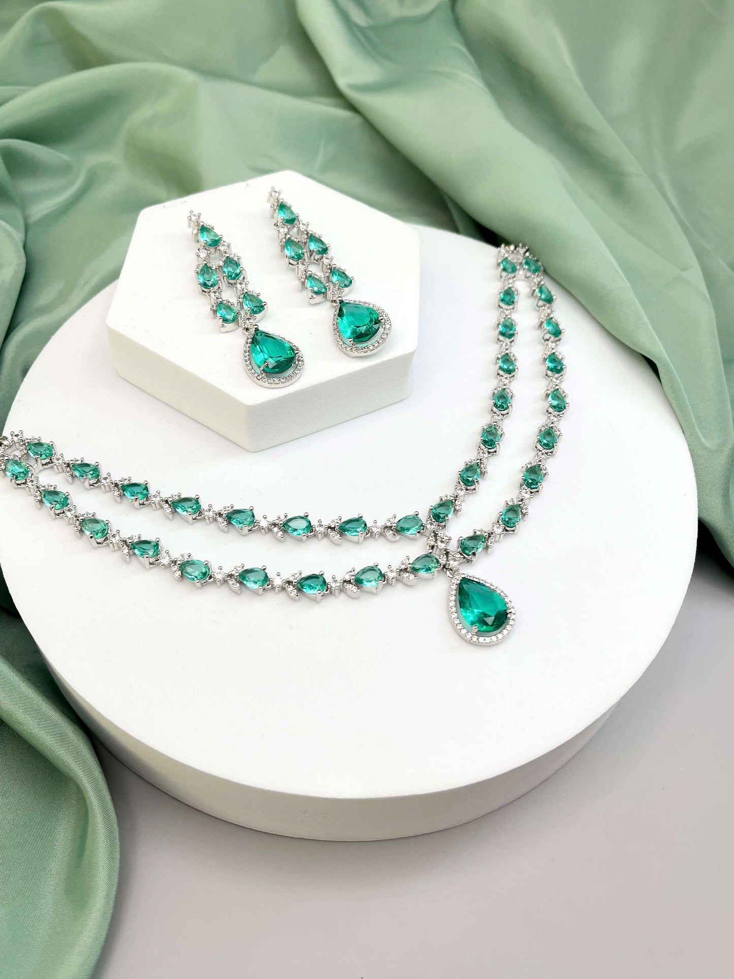 Elena Sea Green Double Layered Necklace Set