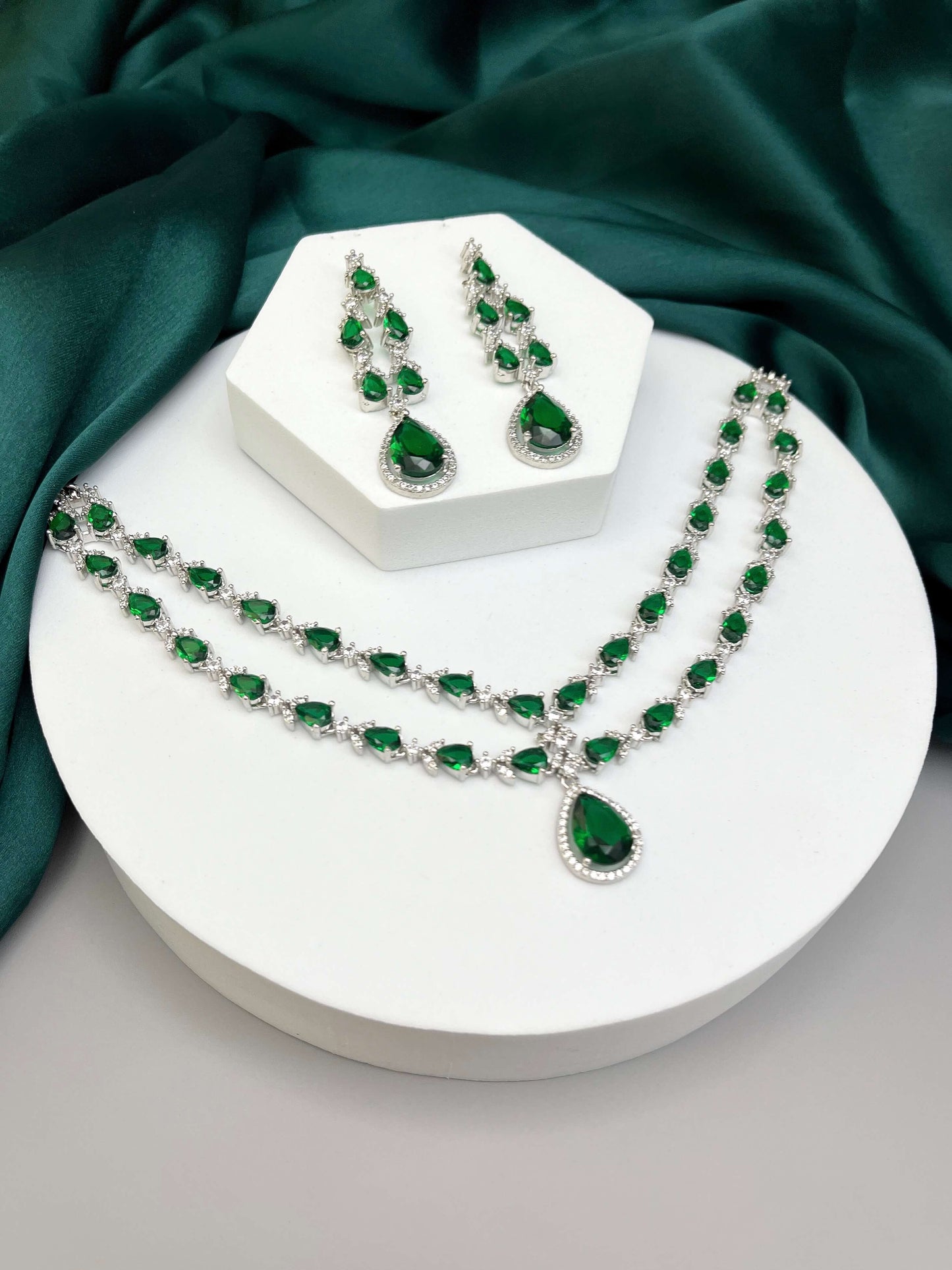 Elena Emerald Green Double Layered  Necklace Set