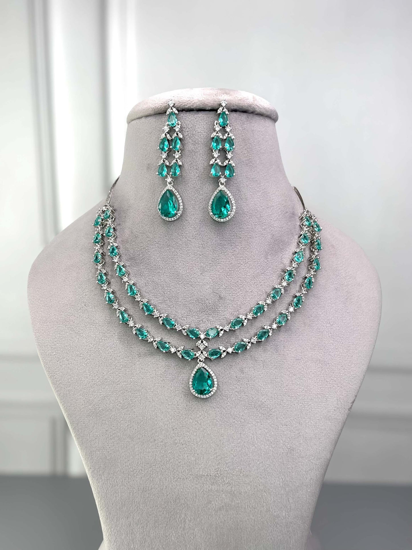 Elena Sea Green Double Layered Necklace Set