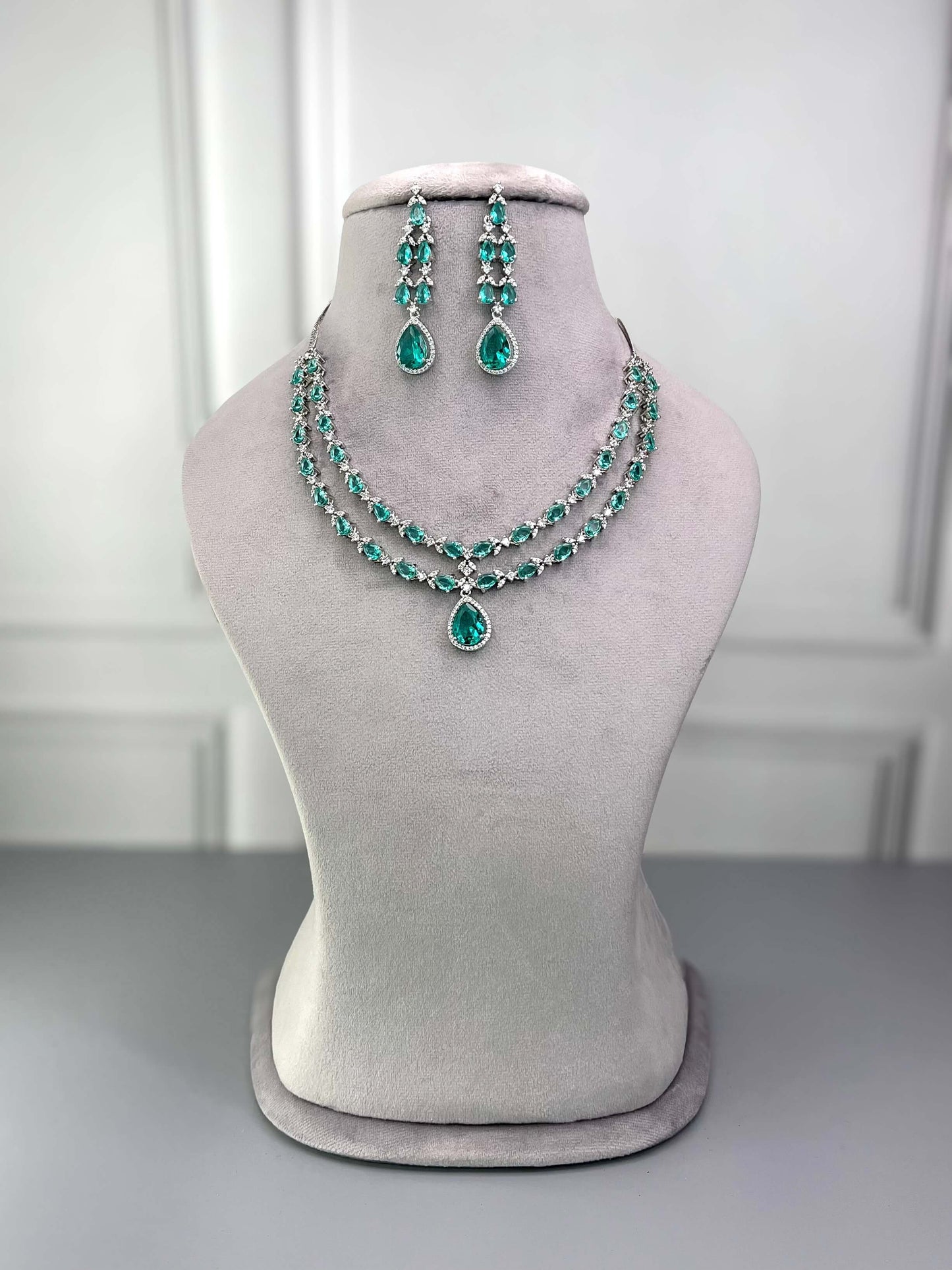 Elena Sea Green Double Layered Necklace Set