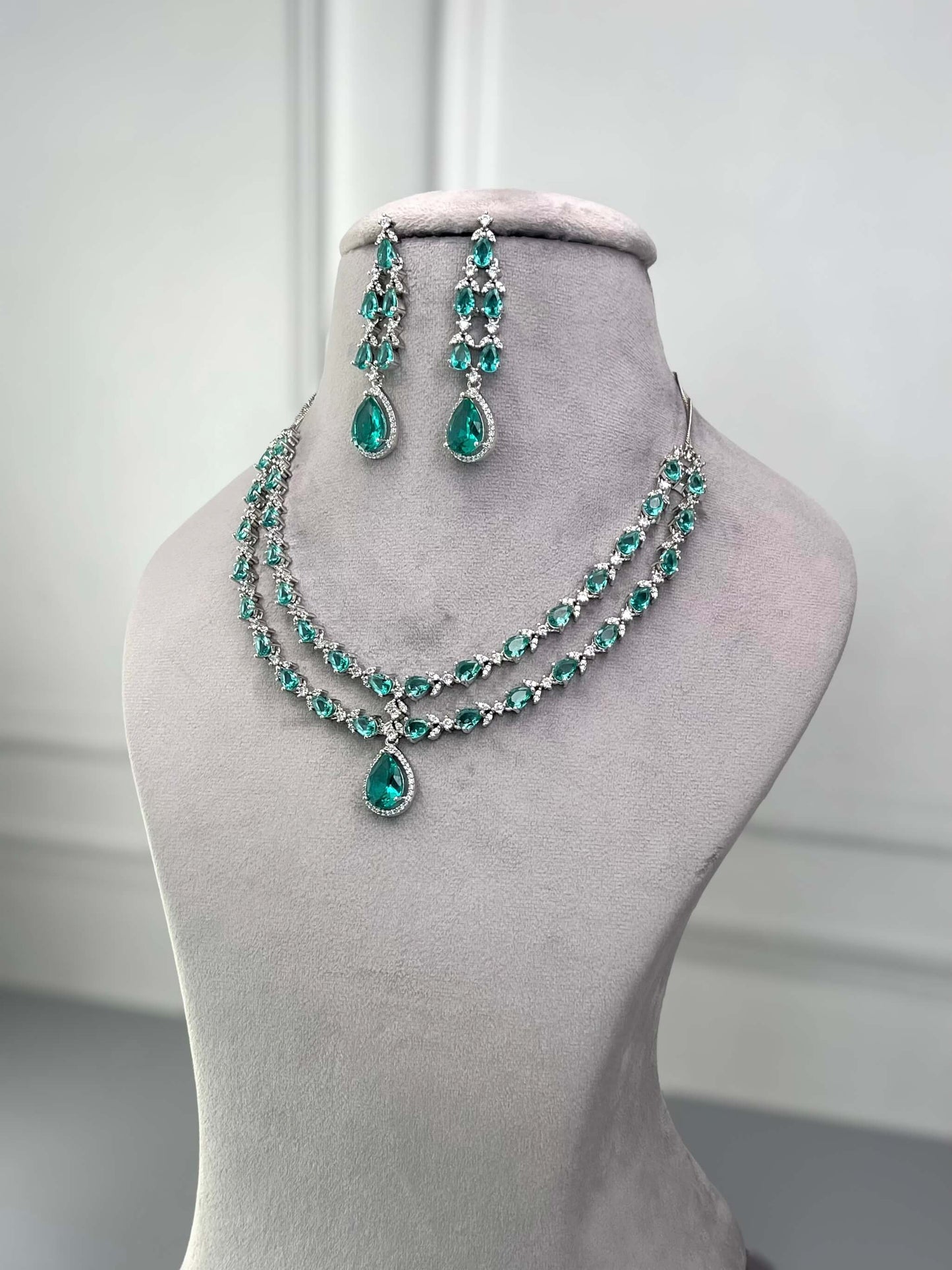 Elena Sea Green Double Layered Necklace Set