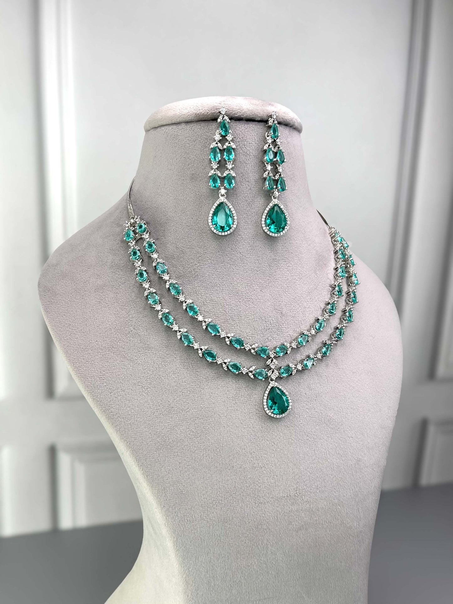 Elena Sea Green Double Layered Necklace Set