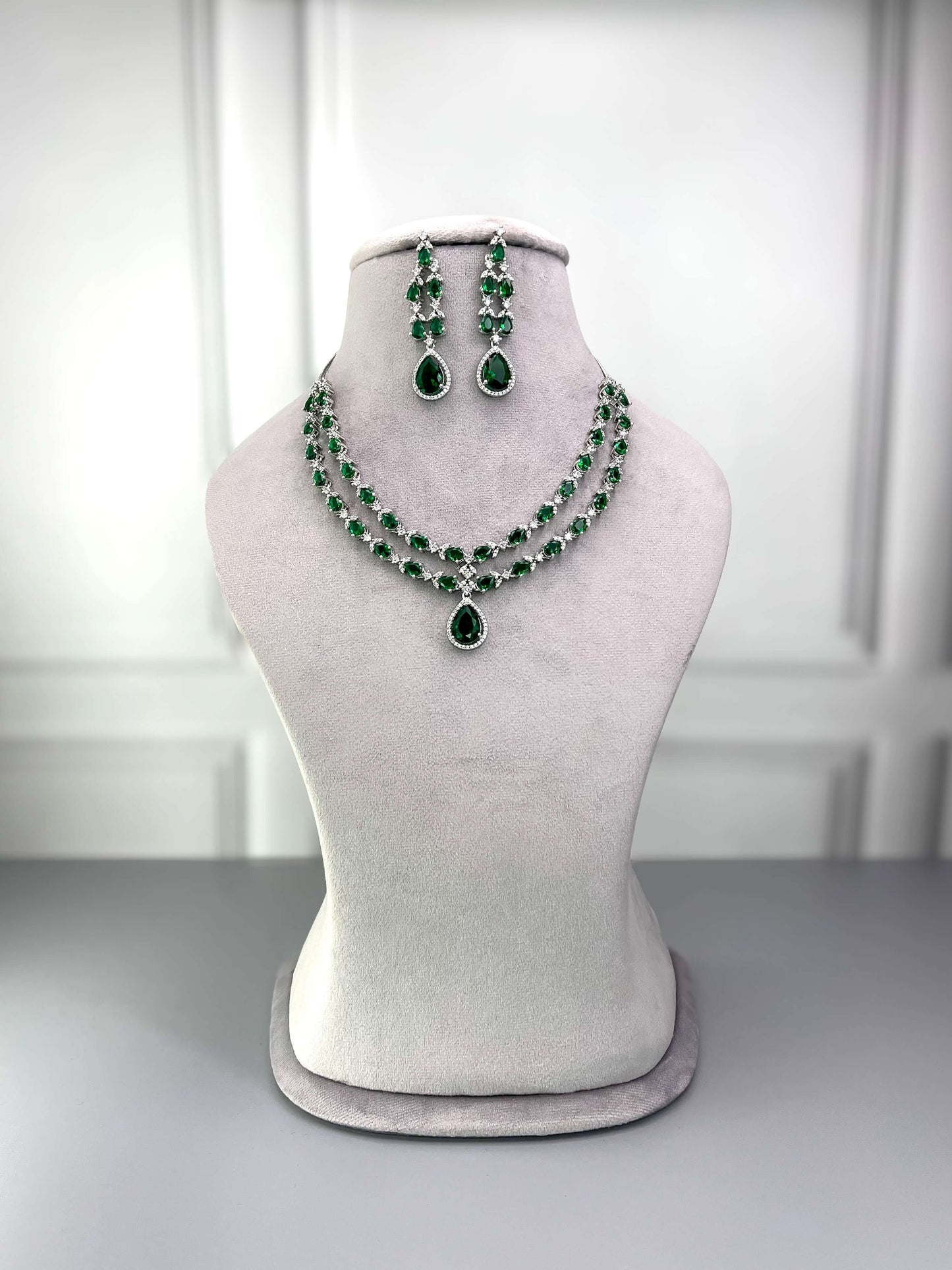 Elena Emerald Green Double Layered  Necklace Set