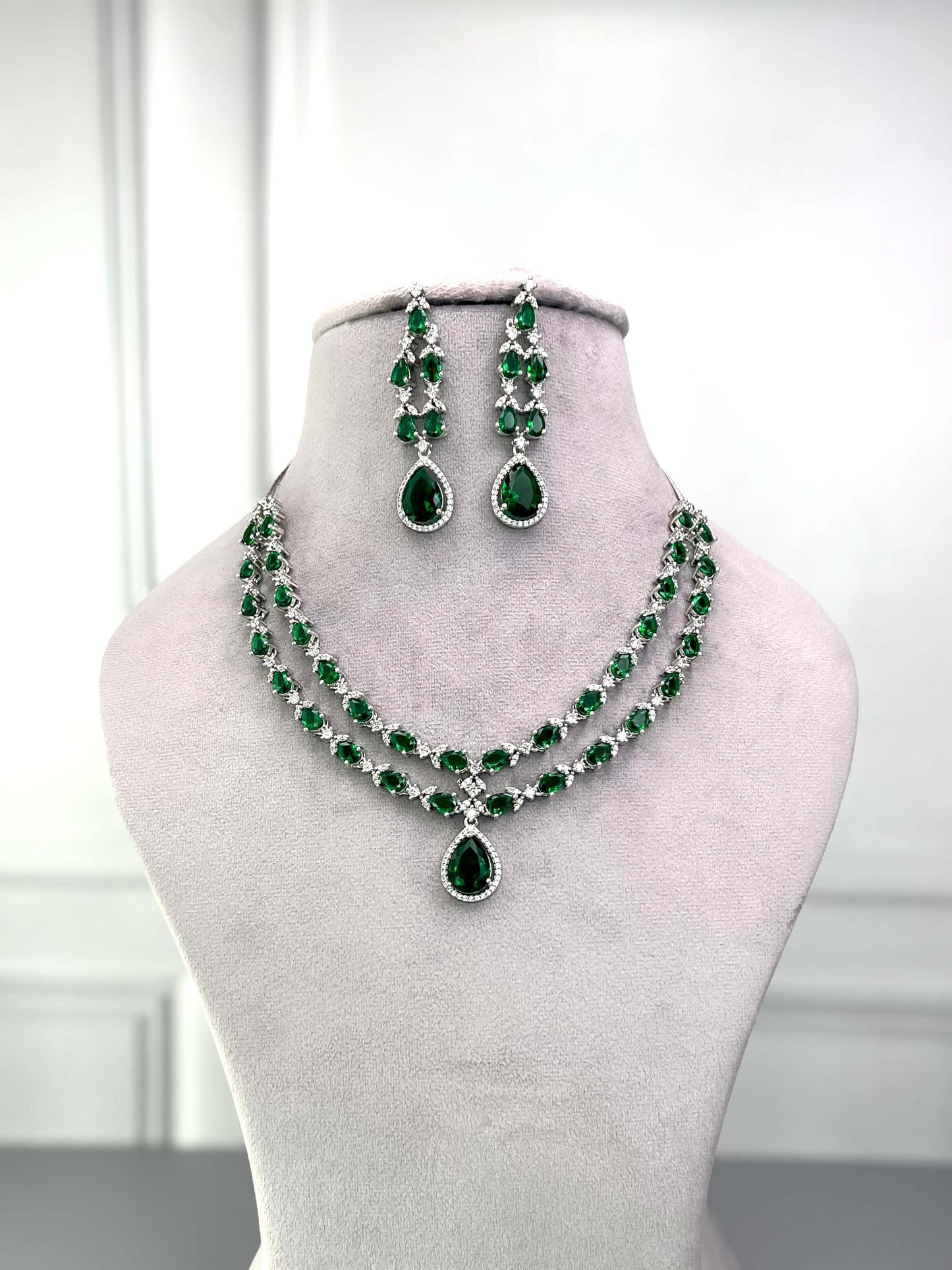 Elena Emerald Green Double Layered  Necklace Set