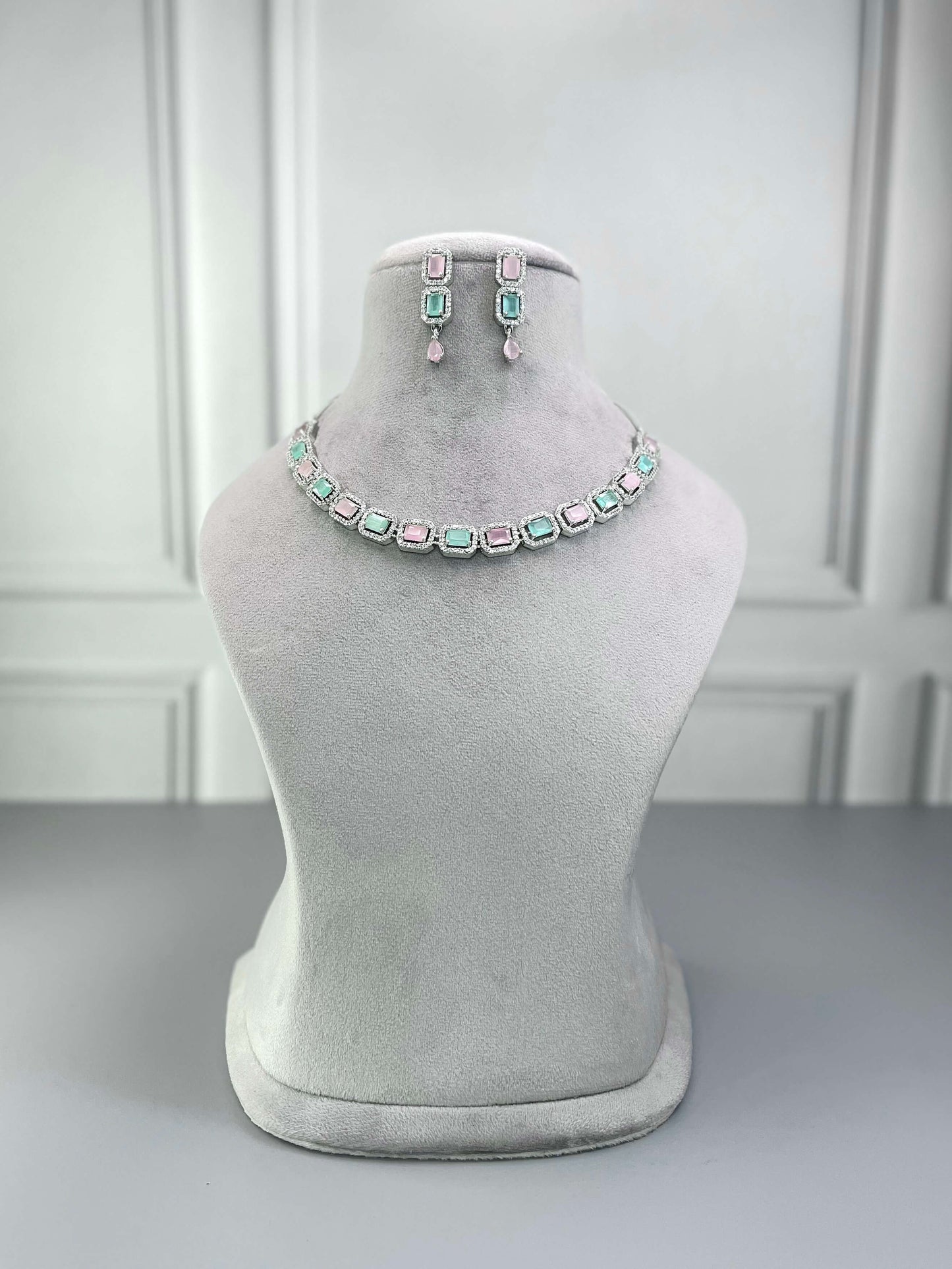 Jenna Mint Pink AD Necklace Set